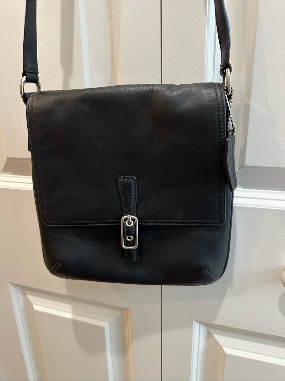 COACH Black Leather Messenger Bag with Front Buckle adjustable strap 9” x 10”